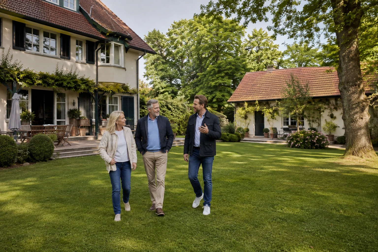 Eigentümerpaar und Berater bei einem Rundgang durch ein größeres Wohngrundstück