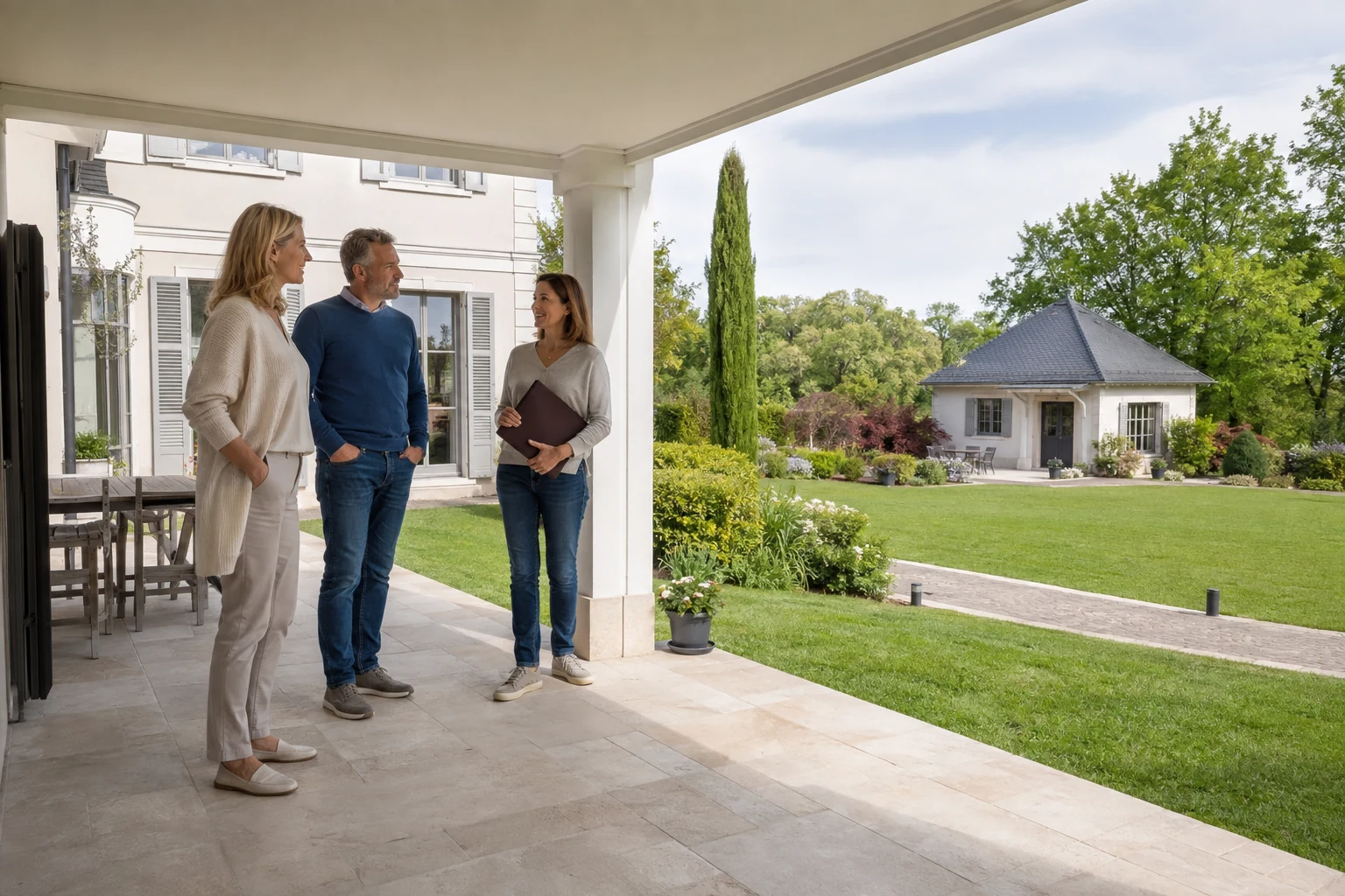 Kaufinteressenten und Beraterin betrachten Terrasse, Haus und Garten